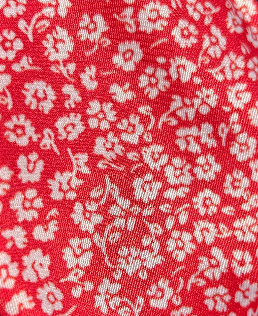 Red and white floral print recycled eco friendly bathing suit fabric