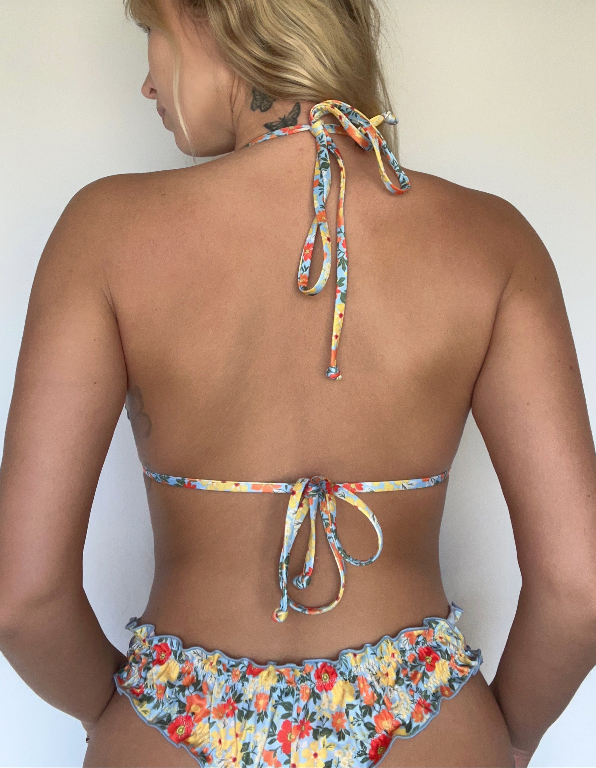 Floral ruffled triangle recycled eco friendly sustainable adjustable string bikini top