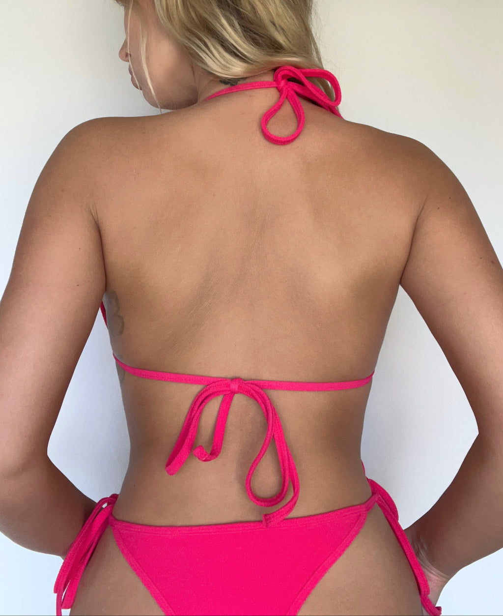 Soft sea sponge string tie adjustable pink recycled eco friendly triangle binded bikini top