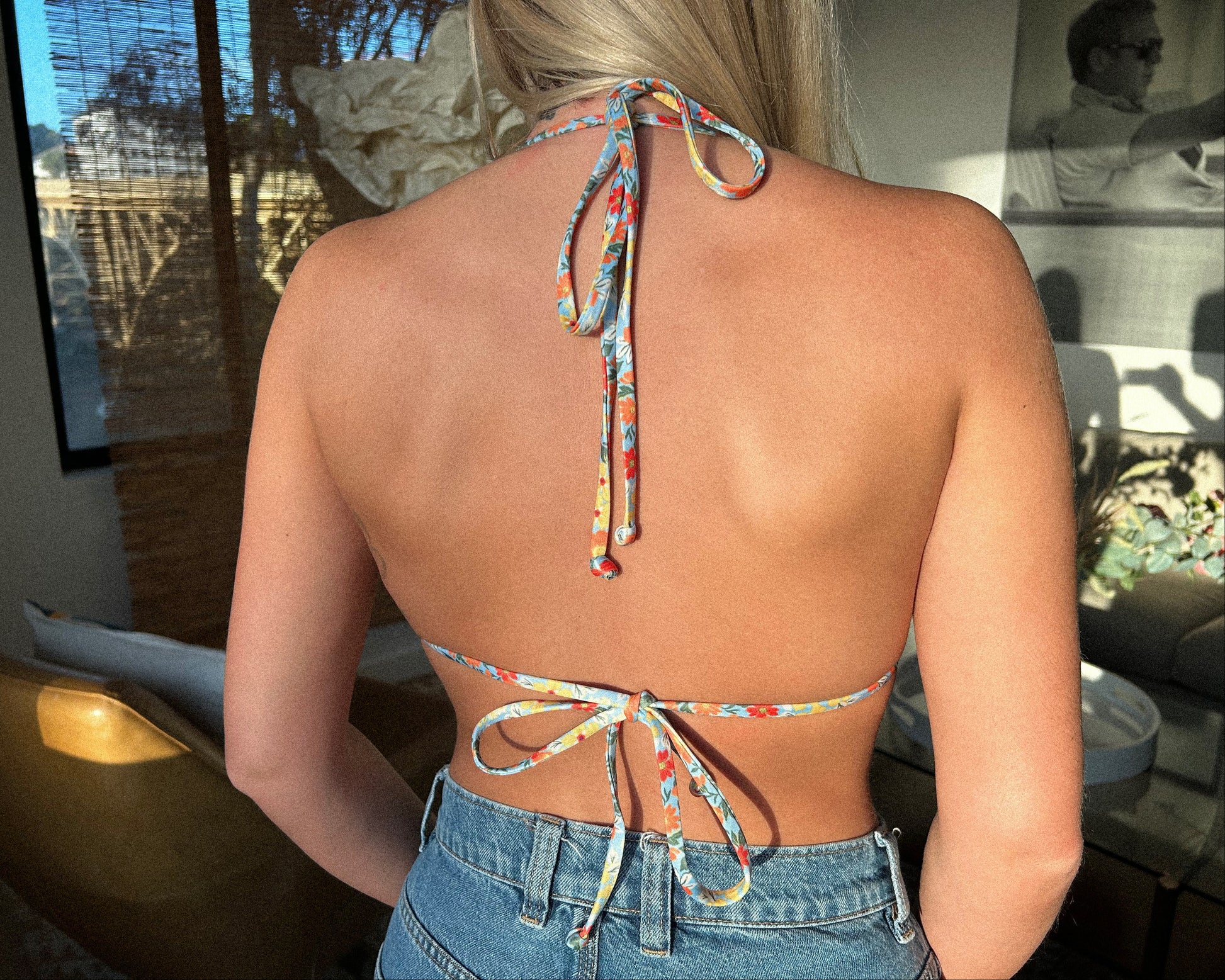 Floral ruffled triangle recycled sustainable eco friendly adjustable string bikini top